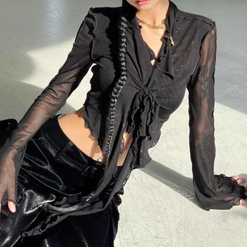 Long Flare Sleeve Sexy Sweet Hot Girls Korean Blouses for Women Lace-up Mesh Fashion Style All-match Solid Design Elegant Casual