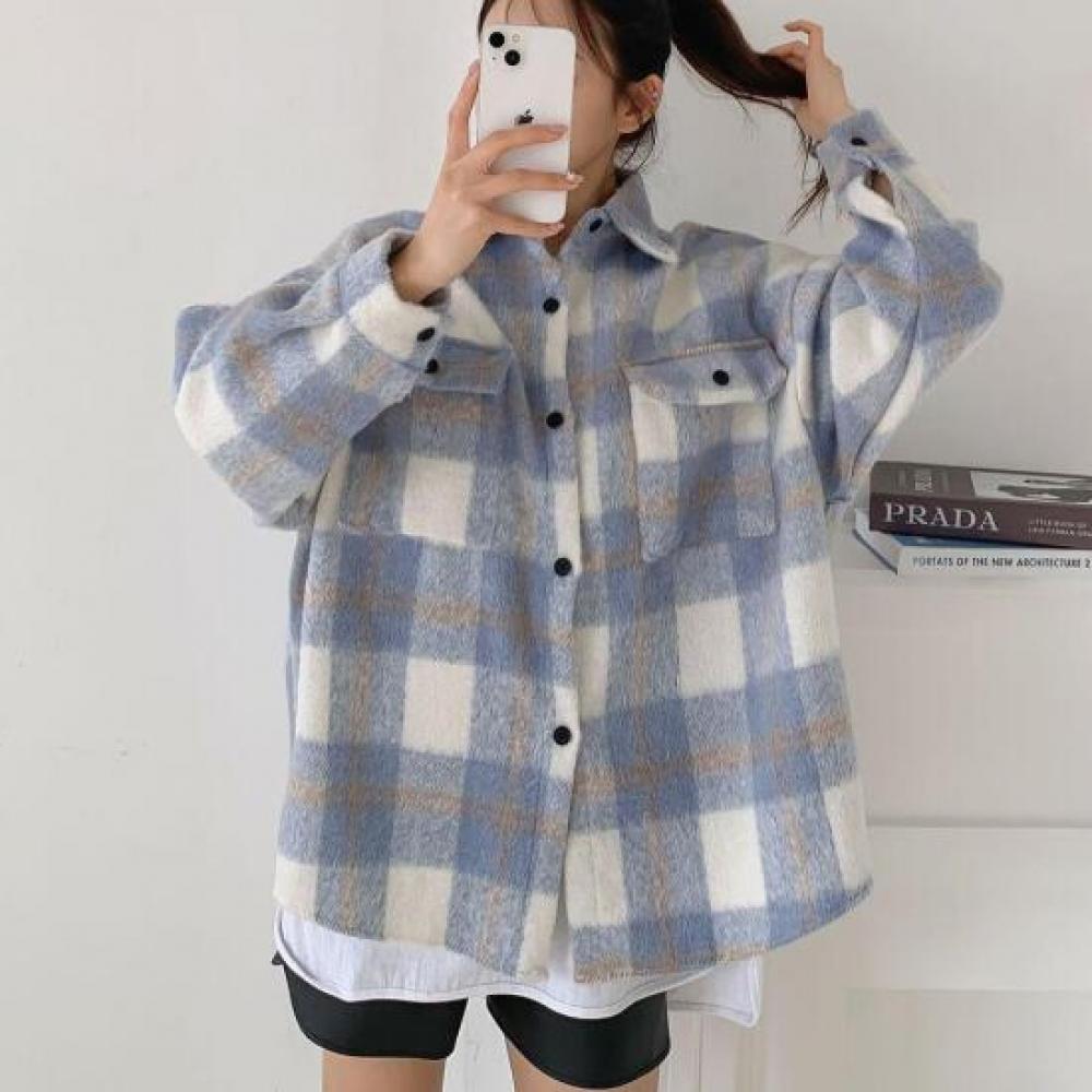 New Arrivals Open Run Oversized Check Pattern Fall Outer Shirt
