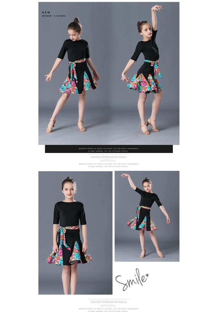 Girls' Short-Sleeve Latin Dance Skirt – Spring/Summer Competition and Practice Costume