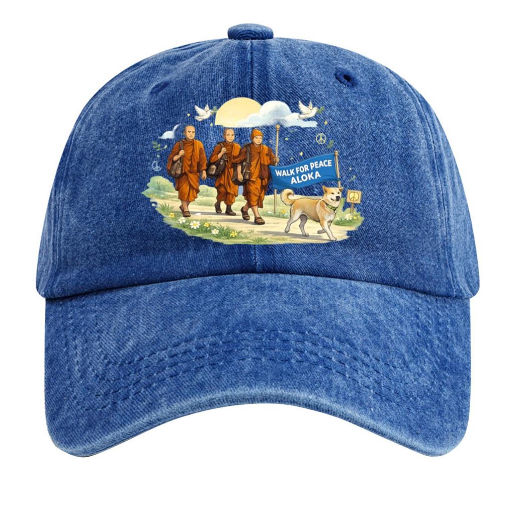 Washed Cotton Baseball Cap with Printed Distressed Soft Top Denim Hat, Vintage Hat