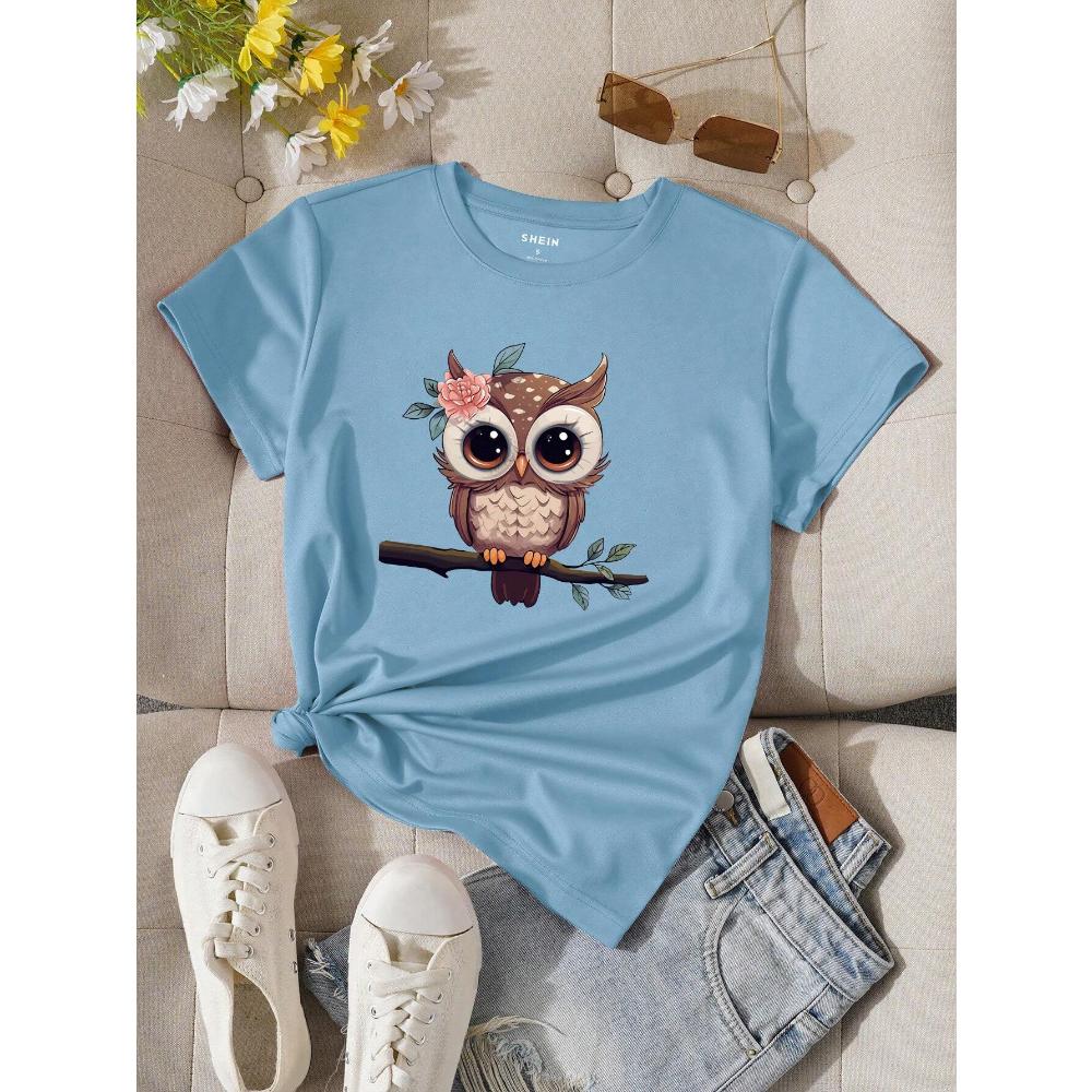 Women's Summer Cartoon Owl Printed Round Neck Short Sleeve Casual T-Shirt