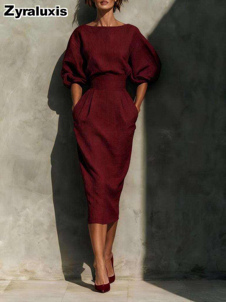 Spring/Autumn New Women's Clothing Set - Boat Neck Bubble Sleeve Top with High Waist Ruffled Skirt for Vacation