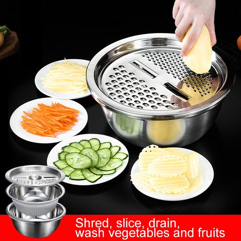 Colino Sbucciatore Affettatore Grattugia Cestello Scolapasta Insalatiera per Verdure in Acciaio Inossidabile 3 in 1 Utensile Accessori Cucina