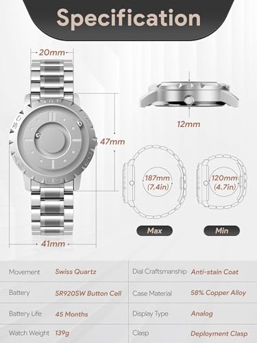 EUTOUR Men's Magnetic Watch with Ball Bearing Design, Quartz Movement, Minimalist Casual Design, Waterproof, 40mm, Silver Dial, Silver Stainless Steel