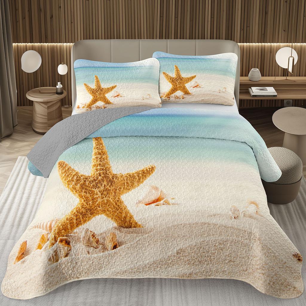 Starfish Bedspread Queen/Full Cute Ocean Creatures Quilted Coverlet 2/3 Piece Tropical Beach Theme Bedding Set for Teens Adult