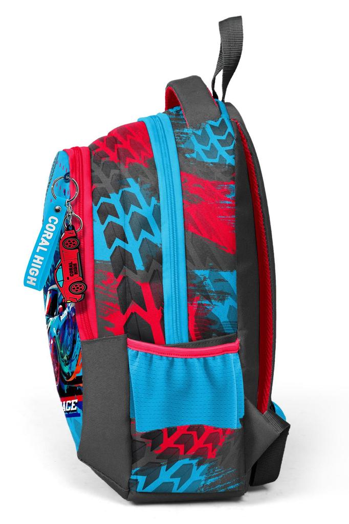Coral High Kids Grau Blau Rennwagen gemusterter Schulrucksack mit drei Fächern 23652