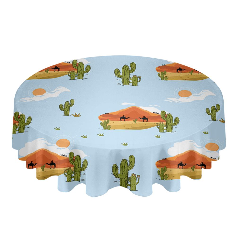 Hand -Painted Desert Camel Cactus Clouds Round Tablecloth Waterproof Table Cover For Wedding Party Decoration Dining Table Cover