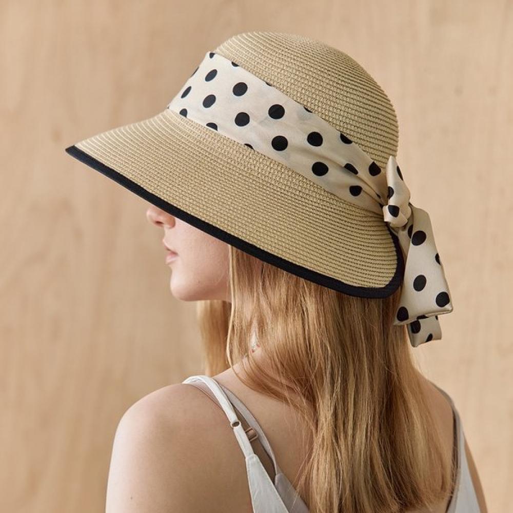 Maxza Dot Ribbon Raffia Bucket Hat Ze07am001na Ivory