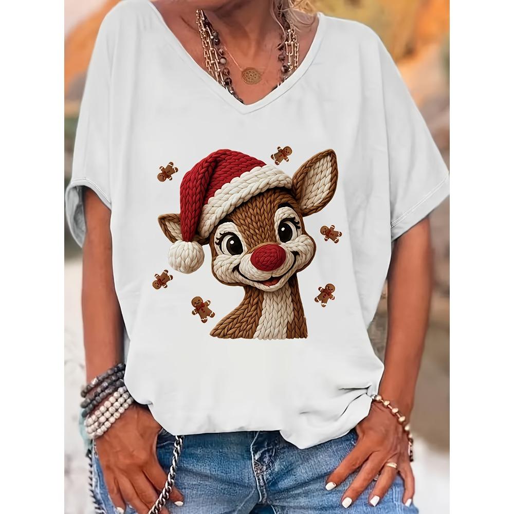 V-neck short-sleeved T-shirt for women, Christmas reindeer, Christmas hat, printed loose top, casual and versatile