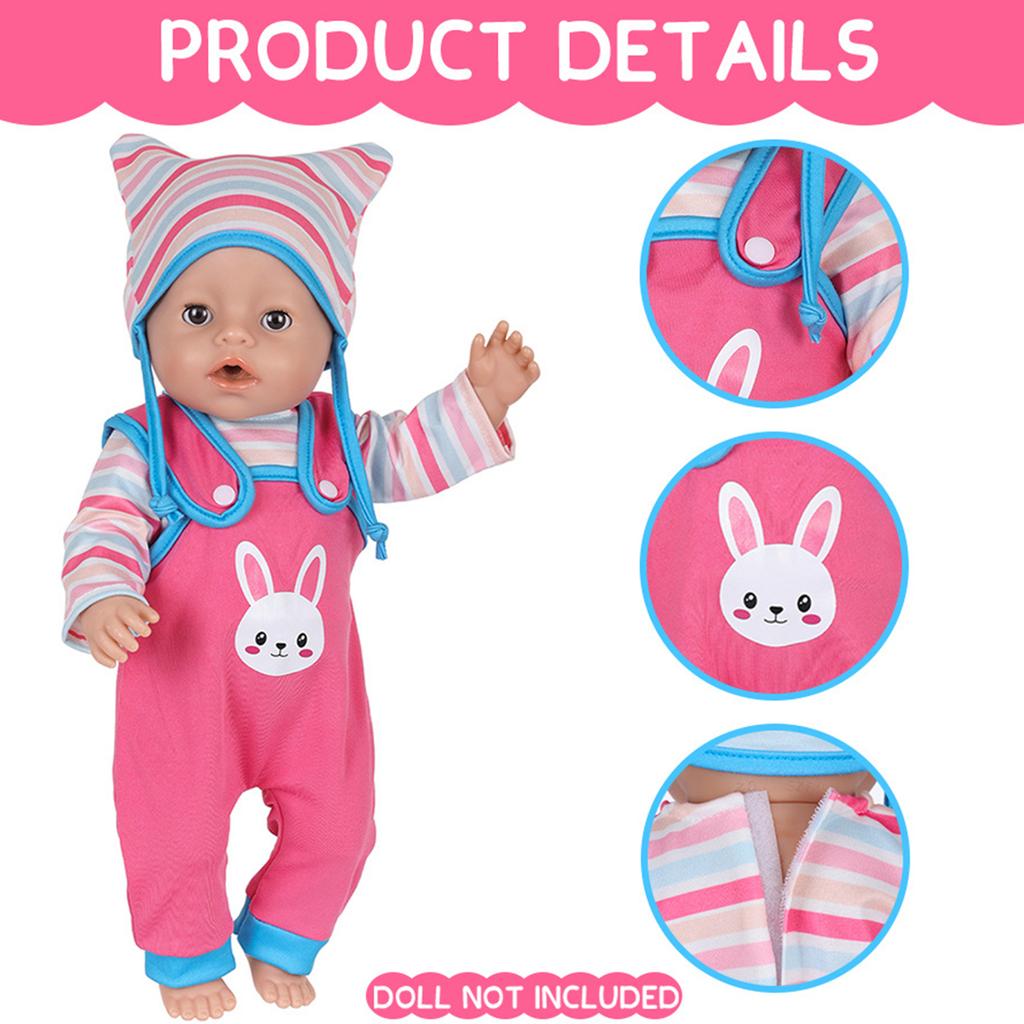 Life Like Doll Jumpsuit with Hat and Shirt Breathable Doll Suspenders Pants for 43cm Doll Easy Dressingup for Toddler