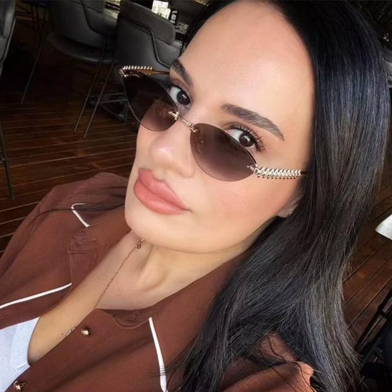 New Cat Eye Rimless Sunglasses Women Luxury Fashion Brand Oval Narrow Sun Glasses Shades Trendy Elegant Unique Eyewear