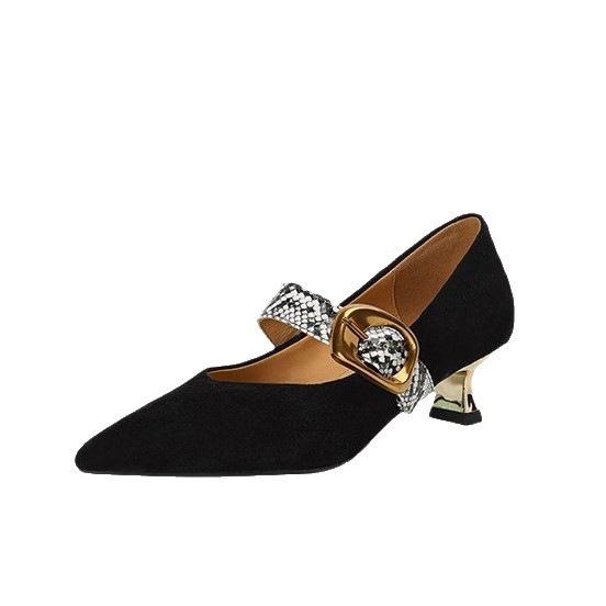 Small heel matte middle heel comfortable shallow mouth single shoes spring and autumn new pointed belt buckle Mary Jane
