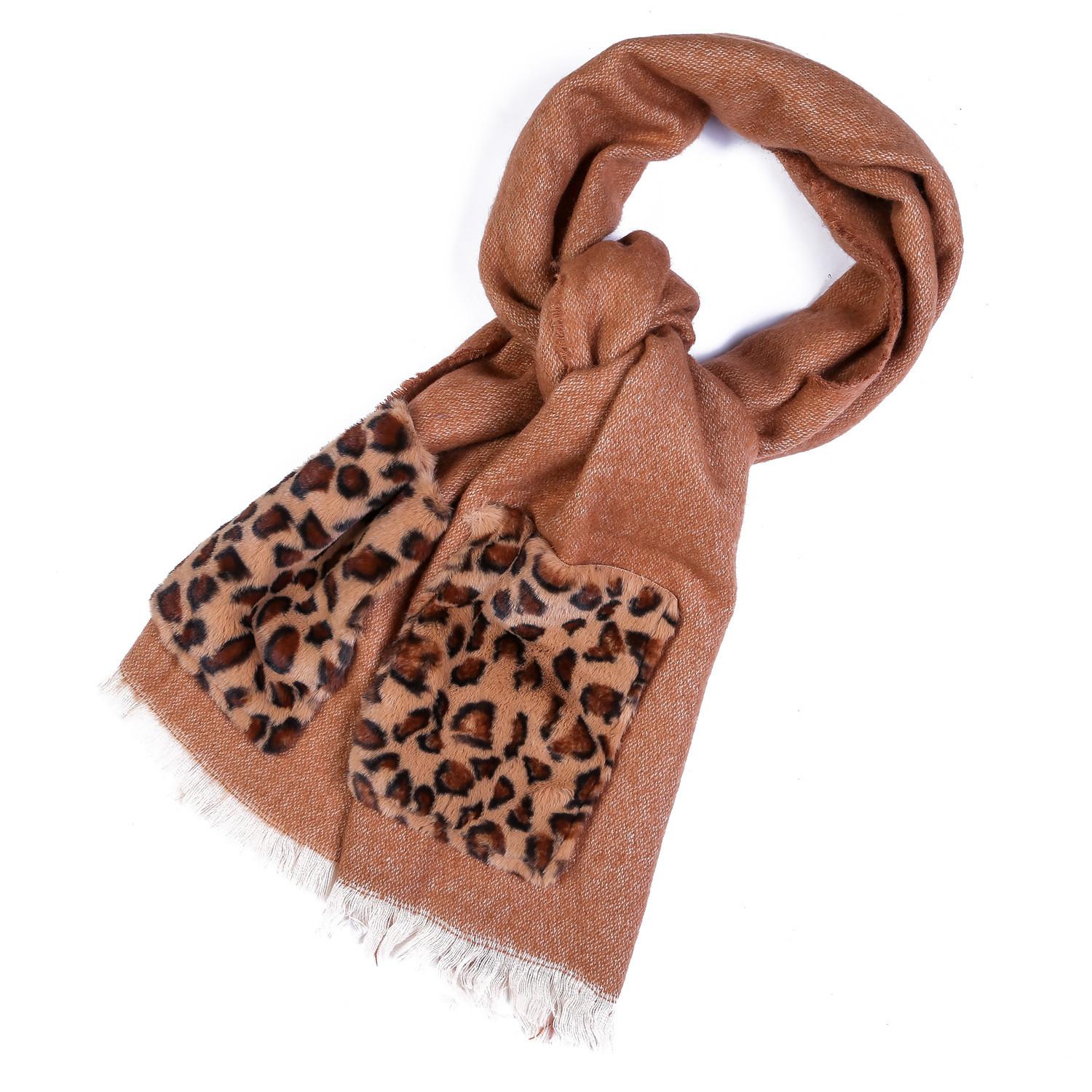 Women S Solid Color Leopard Pocket Faux Cashmere Warm Scarf Autumn Winter 55195 хаки