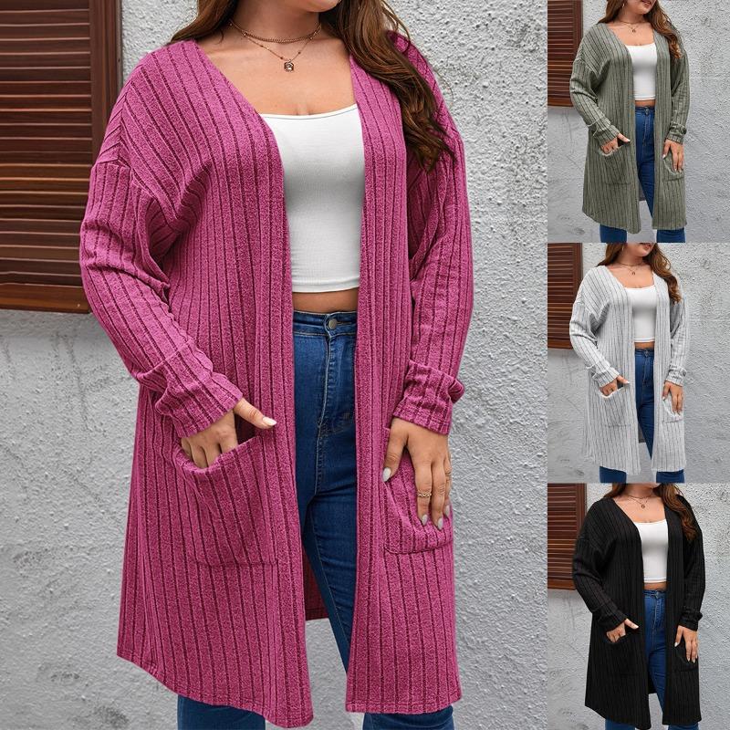 Spring and autumn thin large size ladies casual long sweater cardigan, loose and comfortable ladies unbuttoned knitted jacketHF23047