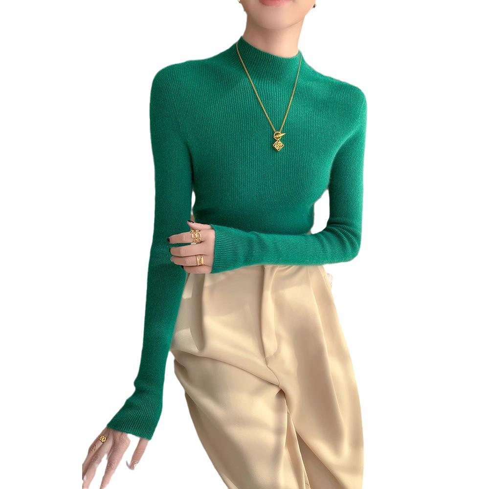 Women's Seamless Cashmere Knit Slimming Sweater - Long Sleeve, Half-High Neck, Tight-Fit, Autumn/Winter Base Layer