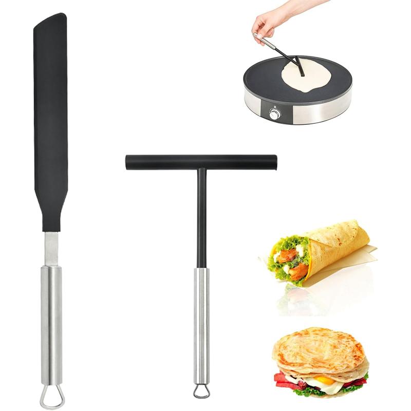 Ensemble Spatule et Étaleur à Crêpes en Acier Inoxydable Étaleurs à Pâte en Forme de T Outil à Crêpes Antiadhésif Distributeur à Crêpes Outil à Crêpes