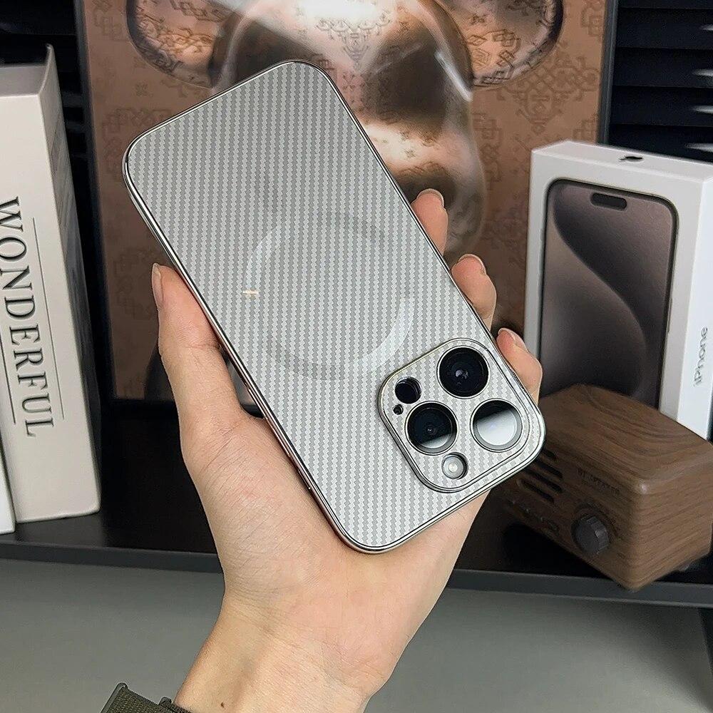 Luxury Carbon Fiber Texture Plating Case for IPhone 15 14 13 12 Pro Max for Magsafe Wireless Charging Magnetic Shockproof Cover