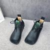 Johnature Square Toe Short Boots Genuine Leather Lace-up Retro Versatile Women Soft Sole Flat Shoes