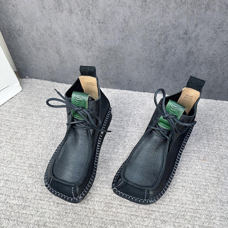 Johnature Square Toe Short Boots Genuine Leather Lace-up Retro Versatile Women Soft Sole Flat Shoes