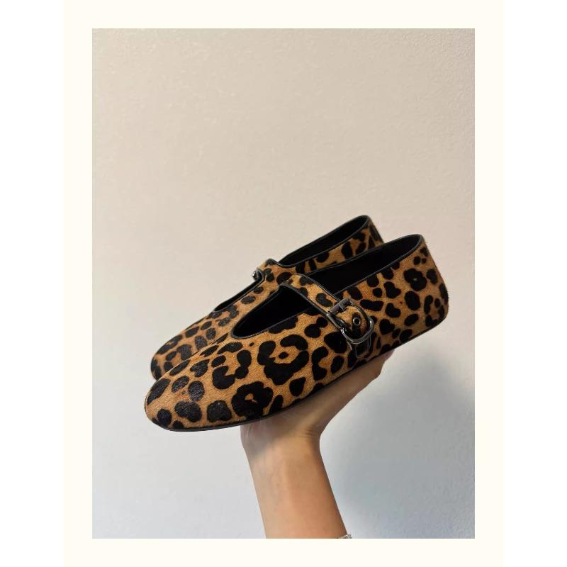 Schaffell-Version~ Kleine innere Höhenerhöhung Leder mit Leopardenmuster Wort mit Mary Jane Schuhen Damen-Flachschuhe