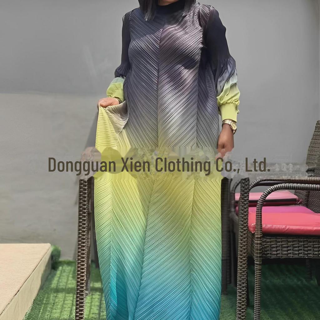 Miyaki Dlouhé šaty s plisovaným gradientem a nafouknutými rukávy pro ženy