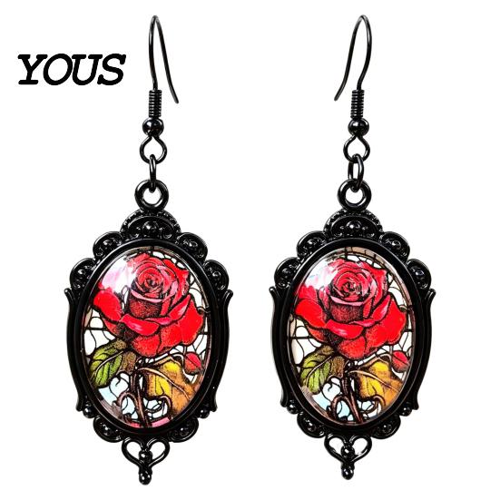 Gothic Earrings for Women 1 Pair Halloween Flower Earrings, Matte Black Oval Alloy Vintage Dangle Lightweight Stained Glass Rose Patterns Jewelry