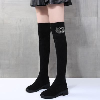 Women's Over Knee Stretch Boots 2025 Autumn Winter New Design Crystal Embellished Thick Heel Slimming Faux Fur Lining Warm Boots