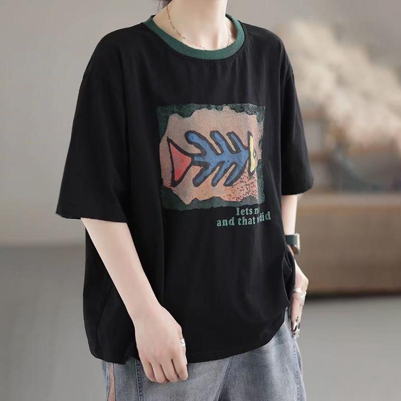 Plus Size Kurzarm-T-Shirt aus Baumwolle für Damen, lockeres, lässiges Rundhals-Sweatshirt