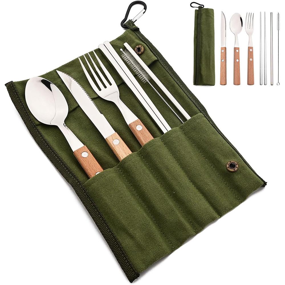 7Pcs/Set Tableware Reusable Travel Cutlery Set Camp Utensils Set 304 Stainless Steel Spoon Fork Chopsticks Straw Portable Case