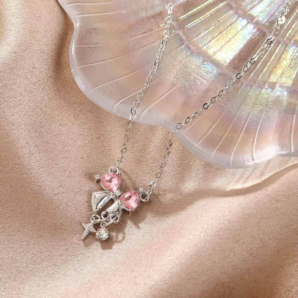 Sweet Pink Bow Necklace Ladies Fashion Sparkling Rhinestone Star Shape Pendant Clavicle Chain Delicate Wedding Accesories
