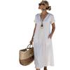 Amazon 2026 Temperament Short-sleeved V-neck Pocket Pendulum Loose Casual Vacation Style Long Dress