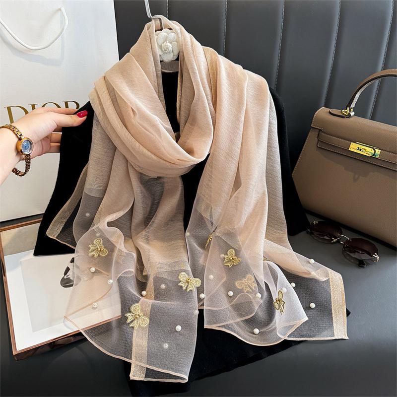 Luxuriöser, glänzender Spitzenschal aus Seide für Damen, Hijab, weiche Wolltücher und -tücher, große Blumen, dünne Schals, Foulard, Weiblich, Bufanda, Neu