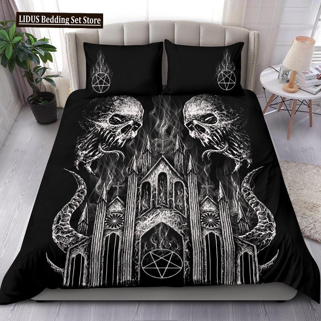 Skull Skeleton Satanic Goat Skull Duvet Cover Set Trophy Demon Breed Bedding Sets Night Blue Pink Satanic Baphomet Quilt Cover
