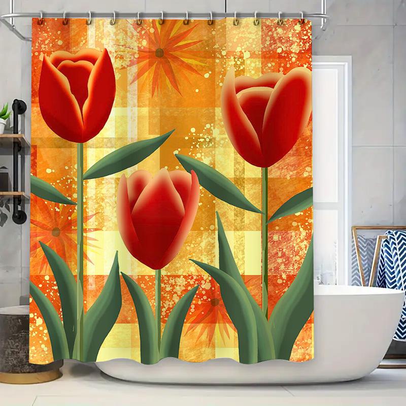 Tulip Shower Curtain Red Flower Design Polyester Waterproof Bathroom Decor With Yellow Orange Background Size 180X245Cm