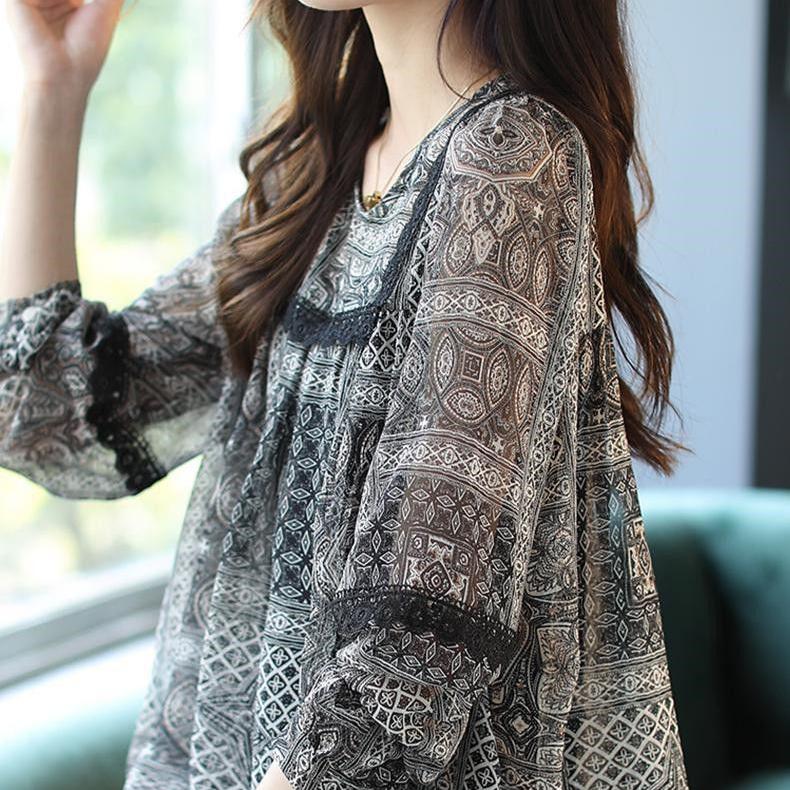 Thin Lace Patchwork Printed Chiffon Shirt for Women Long Sleeved Top Loose Spring T-shirt