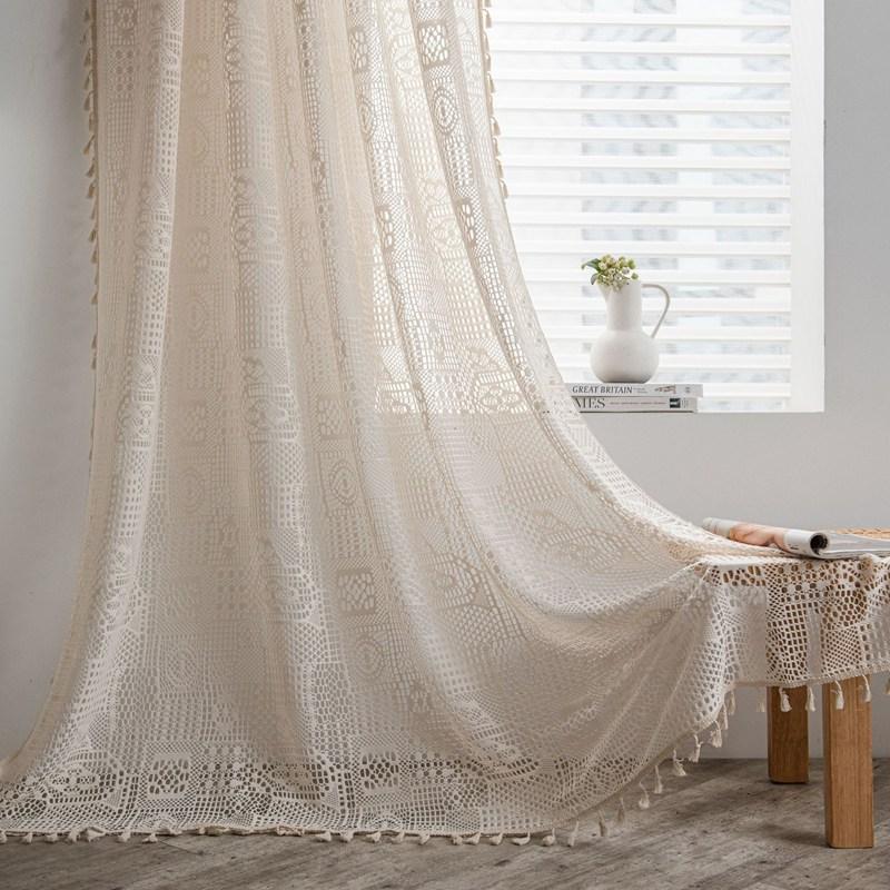 

Checkered Geometric Crochet Curtains With Light Transmission American Style Hollow-out Living Room Balcony Bedroom Window Art W150 x H160cm&Threading Rod