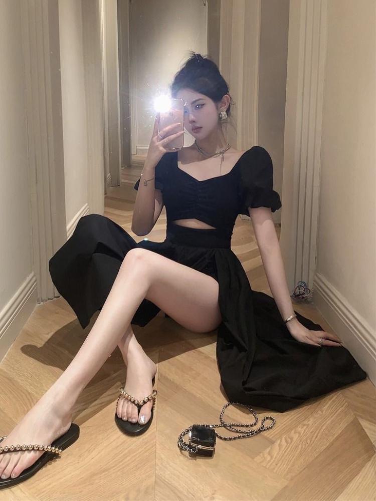 New Vintage French Open Fork Long Dresses Women Black Elegant Party Hollow Out Maxi Dress Female Korean Style Sexy Club One Piece Dress