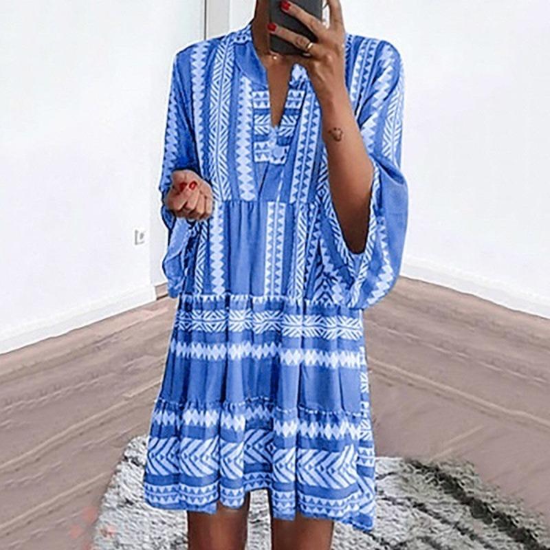 

Wish digital printing striped dress four colors eight yards large 5XL синій