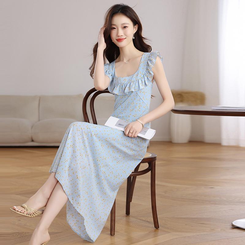 French Retro Floral Midi Dress - Elegant Ruffle Skirt for Summer Vacation