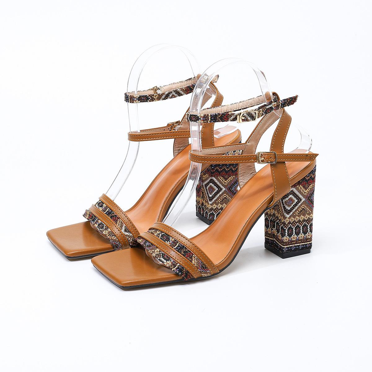 

Модные Богемные Плетеные - Босоножки на Каблуке с Ремешком Женские, Коричневые Этнические - С Принтом Вечерние Туфли, Шикарная Обувь для Отпуска 35 темно-коричневого
