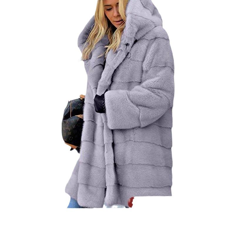 European & American Plush Hooded Faux Fur Leather Women's Autumn/Winter Coat