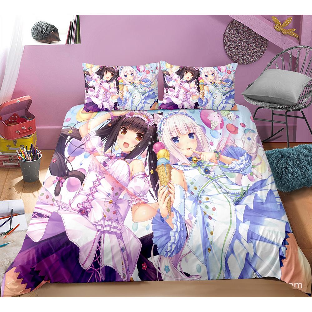Cute Anime Cat Maid Pattern NEKOPARA 3pcs Bedding Set Game Printing Duvet Cover and Pillowcase Bedroom Decorate for Otaku Teens