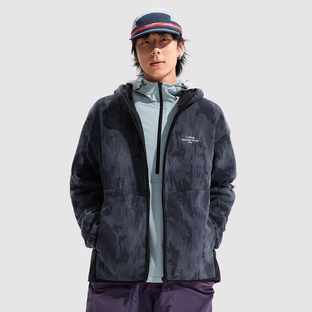 Li Ning Fitness Serie Infrarot Wärme Antistatisch Outdoor Radfahren Klettern Fitness Zip-Up Kapuzenjacke Herrenjacke Schwarz Rockweiß-Grau AFDU963-5