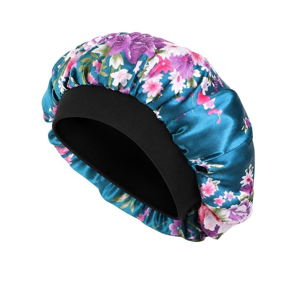 Fashion Floral Pattern Satin Sleep Bonnet Hair Loss Cover Elastic Wide Band Bath Hair Cap Head Wrap Chemo Head Cover Makeup Tool