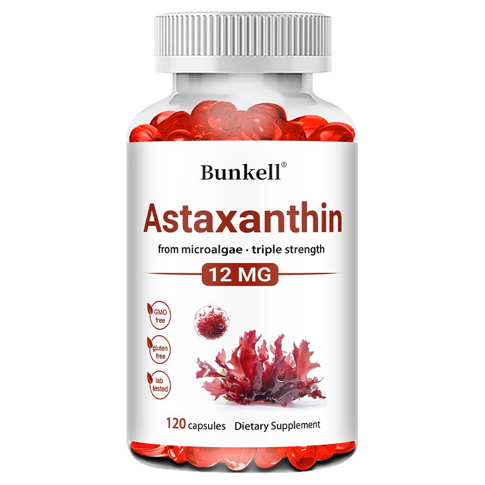 Bunkell Astaxanthin Supplement, 12mg Triple Strength, from Microalgae, 120 Softgels