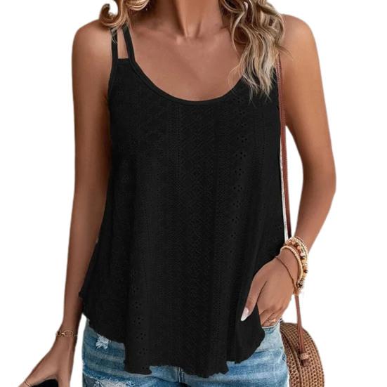 Kvinnor sommarväst med rund hals ärmlös ihåliga dubbla remmar Lösa dagligt slitage Enfärgad rynkning Kvinnor sommartopp damkläder