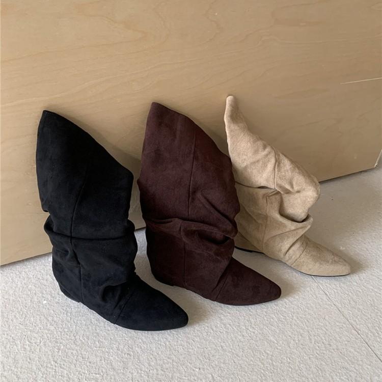 Inner Heightening Suede Pleated Stacking Boots Women's 2025 Autumn and Winter New Pointed Western Cowboy Boots Lapel Mid Boots Women