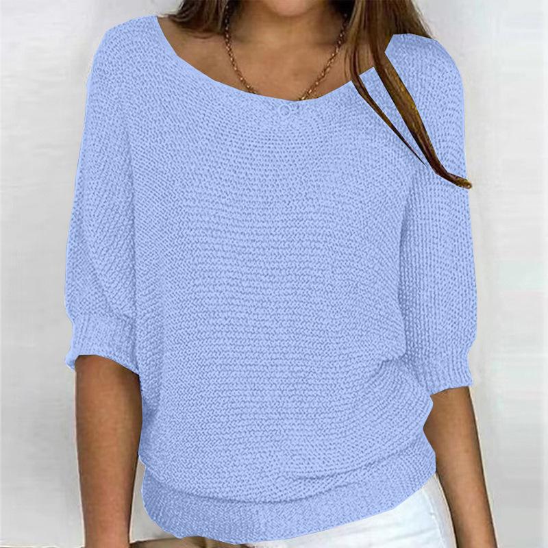 Women's Spring/Autumn Solid Color Round Neck Knitted Sweater, Plus Size, Elegant 3/4 Sleeve Top for Work