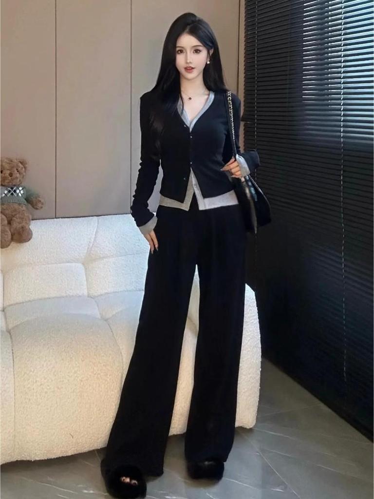 2024 Frühling/Herbst V-Ausschnitt Zweiteiler: Lässiger Stil Top & Schmale Weitbein-Hose