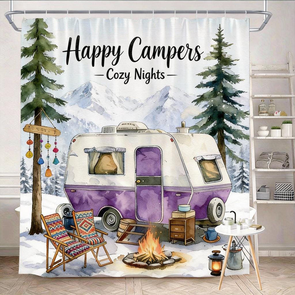 Vintage Camper Shower Curtain 180x180cm – Happy Campers, Machine Washable, 12 Hooks Bath decorative shower curtain